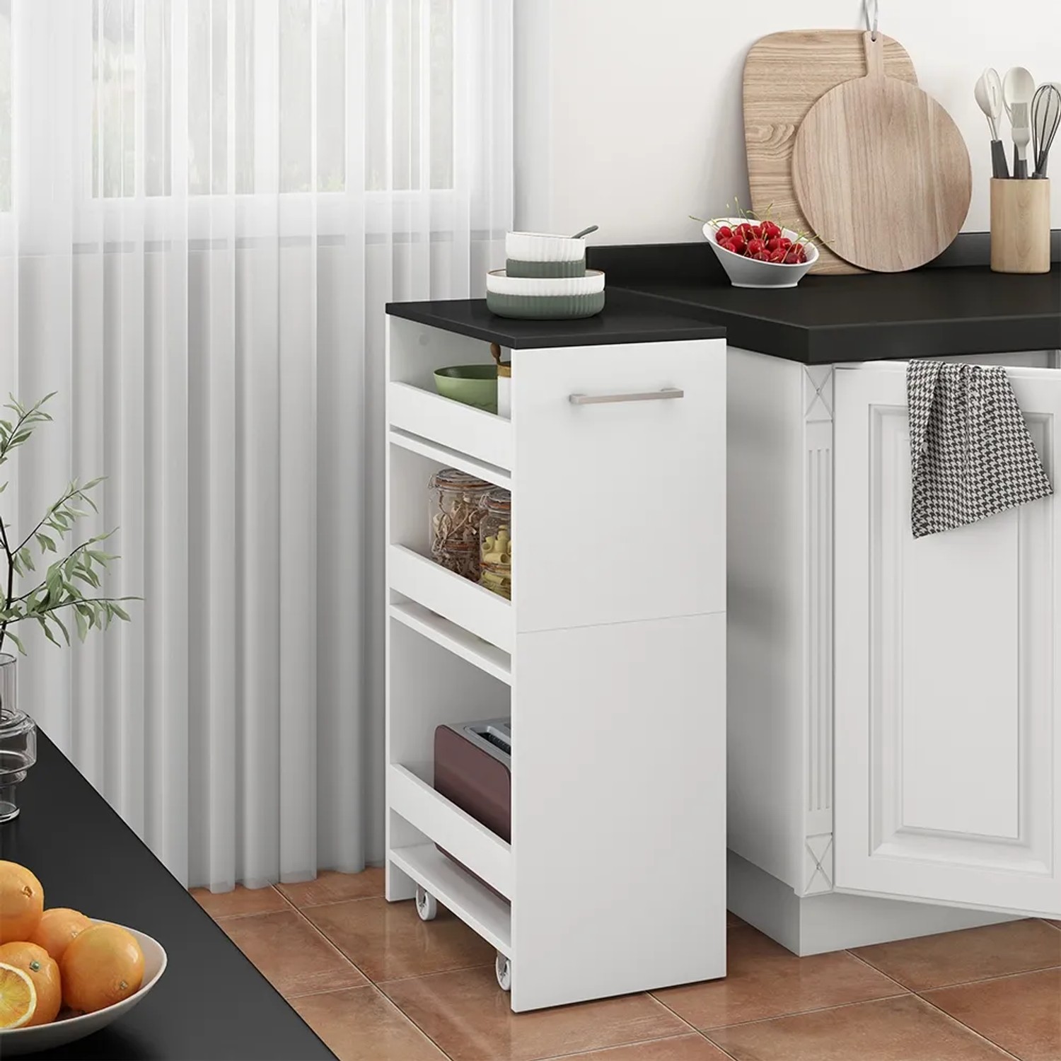 Vicco Rollregal Rivo, Küchen-Minibar in Weiß/Anthrazit, 30x85 cm. Praktischer Küchenschrank mit Rollen.