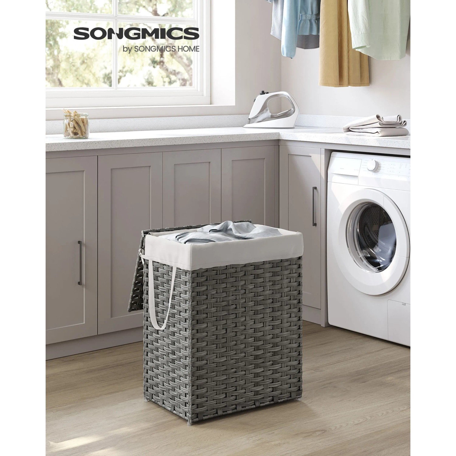 Grauer Songmics Wäschesammler Eliott mit Deckel (90 l) im geflochtenen Design.