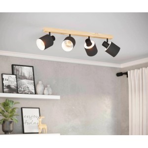 Eglo Batallas Spotleuchte, 4-flammig, schwarz-braun, mit Holzhalterung. Modernes Design für Wohnräume.