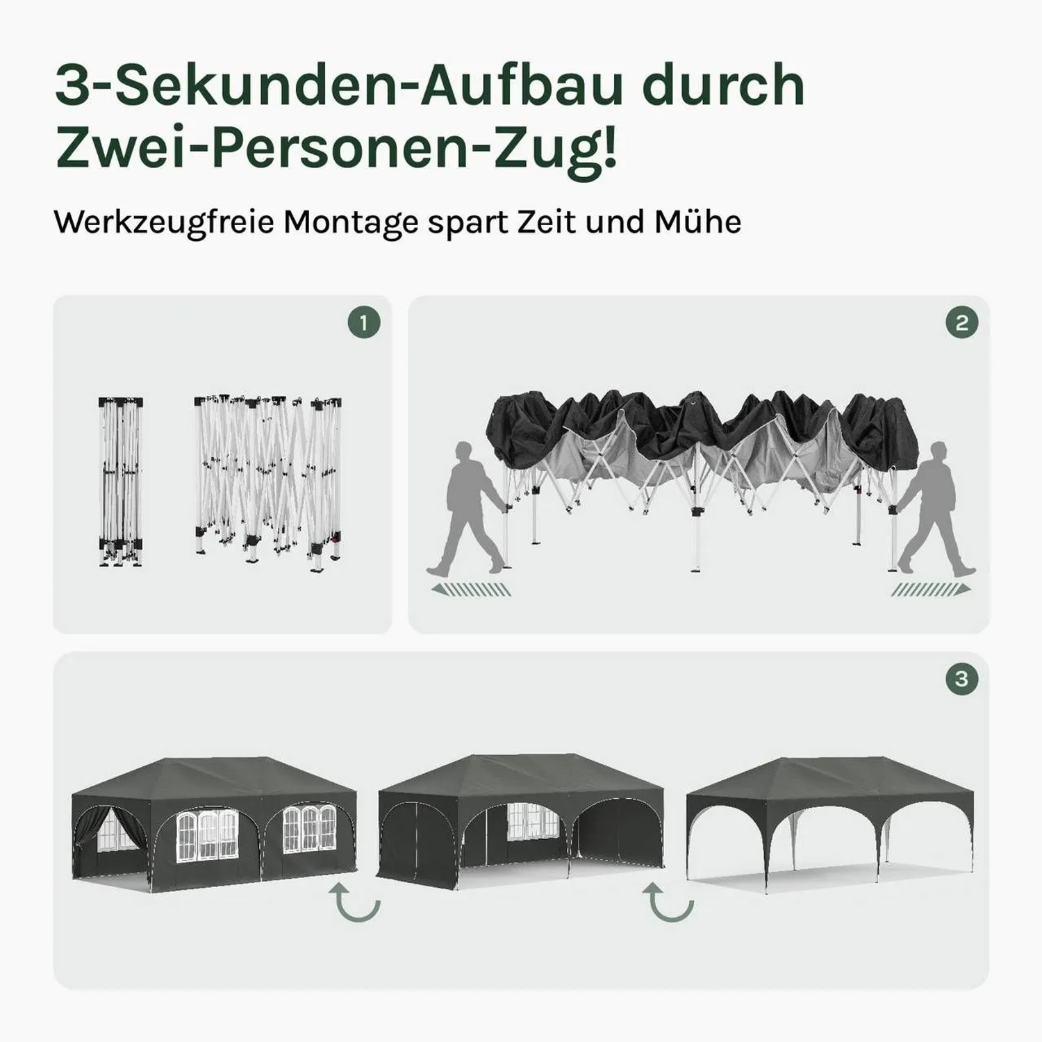 Grauer 3x6m Faltpavillon Aufbau: Von kompakt gefaltet bis komplett mit/ohne Seitenwände. Schnelle, werkzeuglose Montage des Sonnenschutzes.