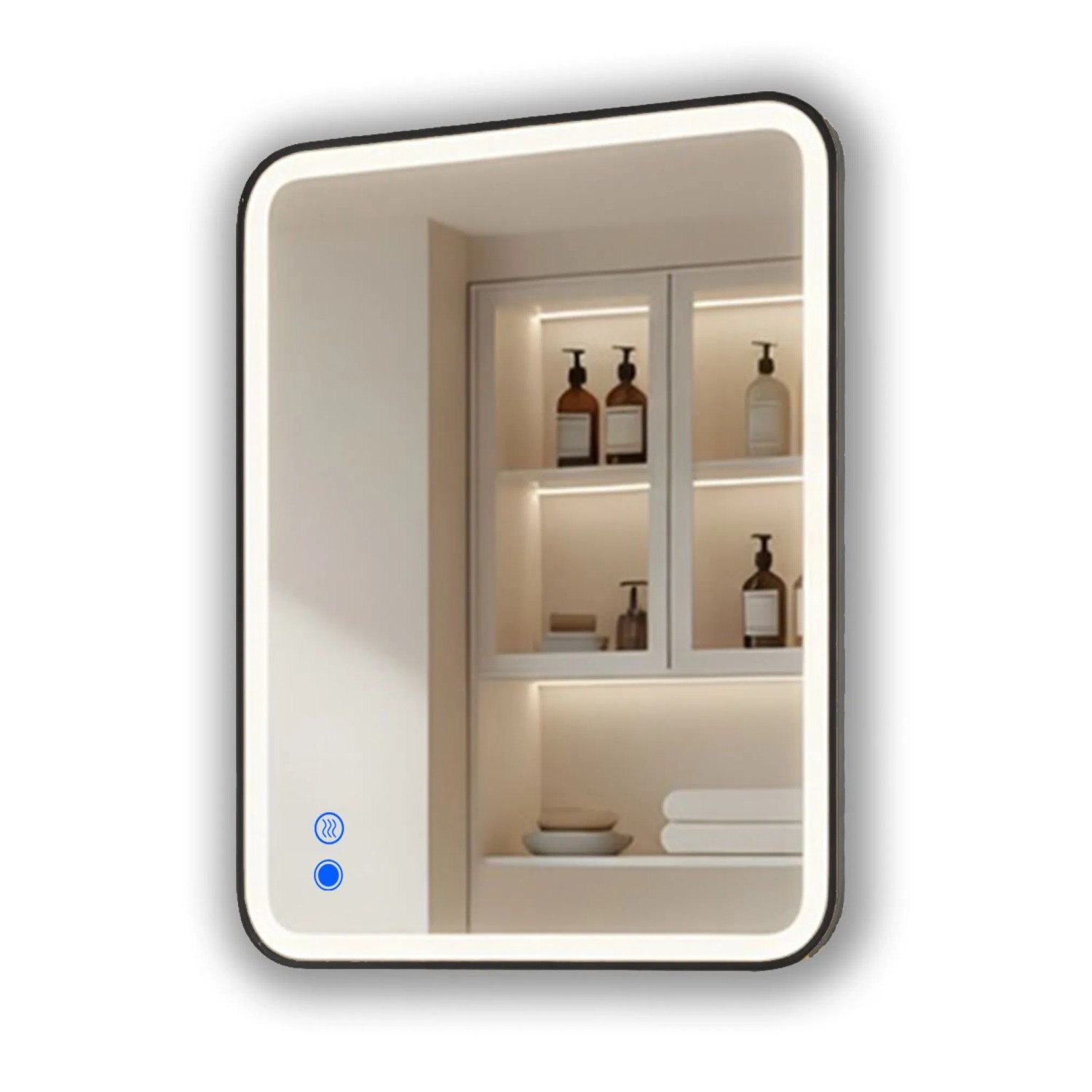 ARTFORMA LED Badspiegel Rechteckig mit Abgerundeten Ecken 80x60 cm mit Beleuchtung Rahmen Schwarz Matt Antibeschlag Touch IP44