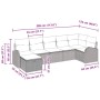 Schwarzes 7-teiliges vidaXL Garten-Sofa-Set aus Poly Rattan mit Kissen und Maßangaben.