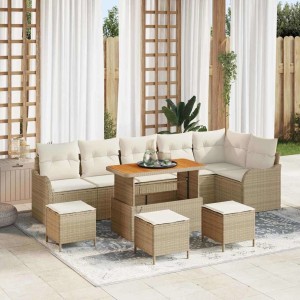Beiges 10-tlg. Garten-Sofa-Set aus Poly Rattan mit höhenverstellbarem Tisch.