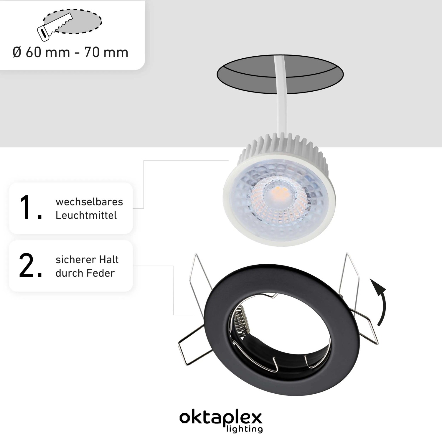 Oktaplex LED Einbauleuchte Sedan, 12er Set, schwarz, dimmbar, warmweiß. Details zu Leuchtmittelwechsel und Federbefestigung.