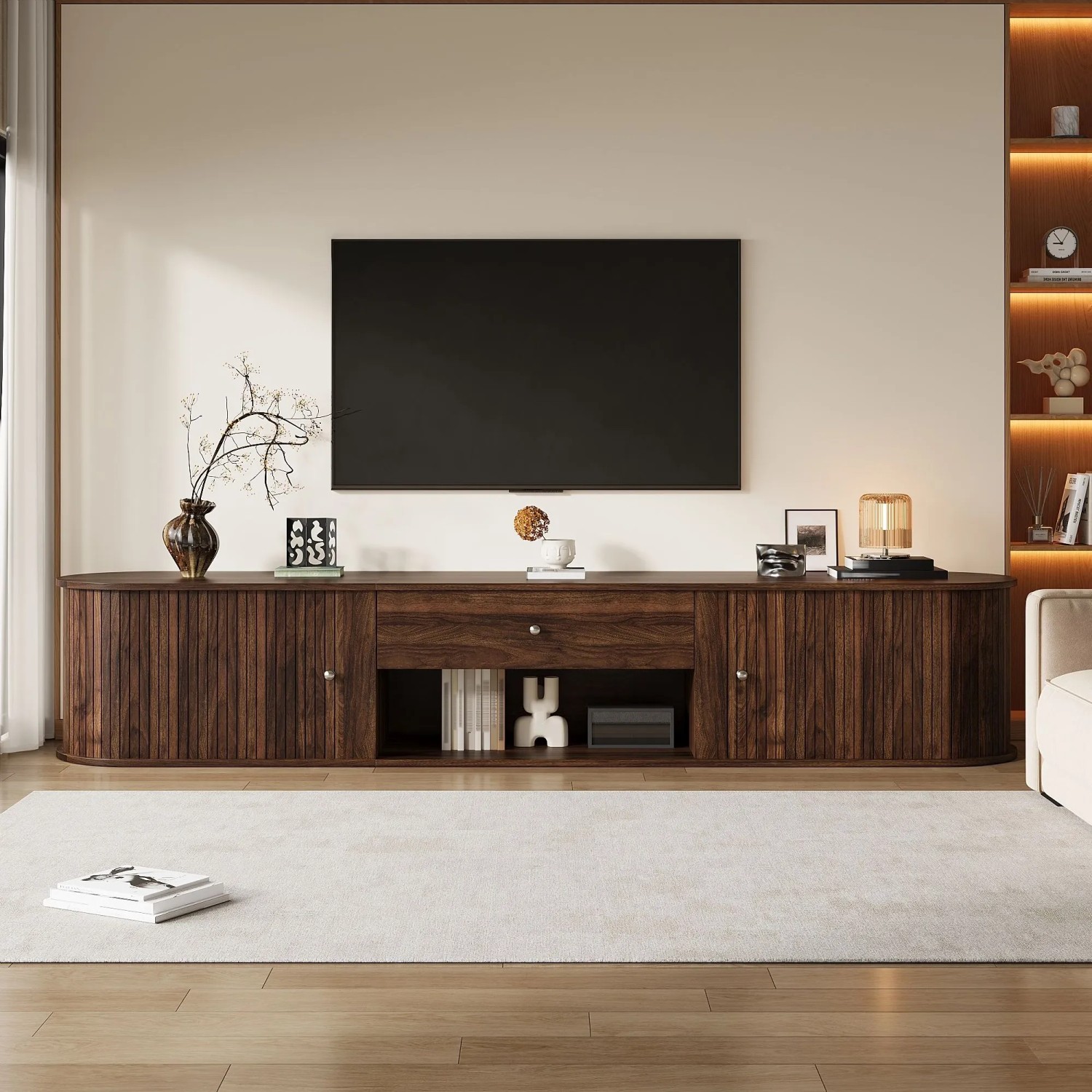 Merax TV Lowboard Runddesign Rollladentüren Schublade Walnussoptik