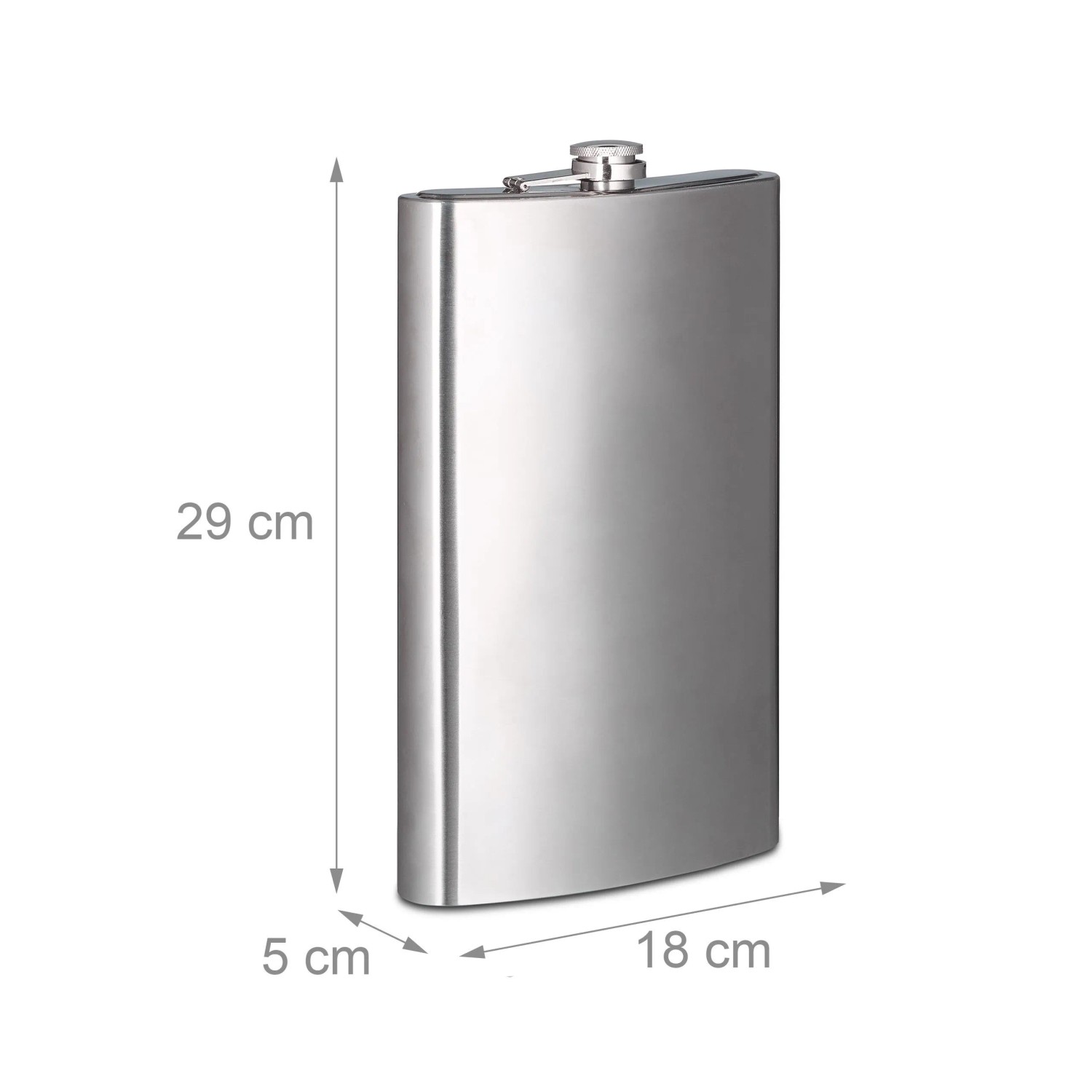 Relaxdays XXL Flachmann aus silbernem Edelstahl, 1,8L Fassungsvermögen. Maße: 29x18x5 cm. Ideal für Camping & Outdoor.