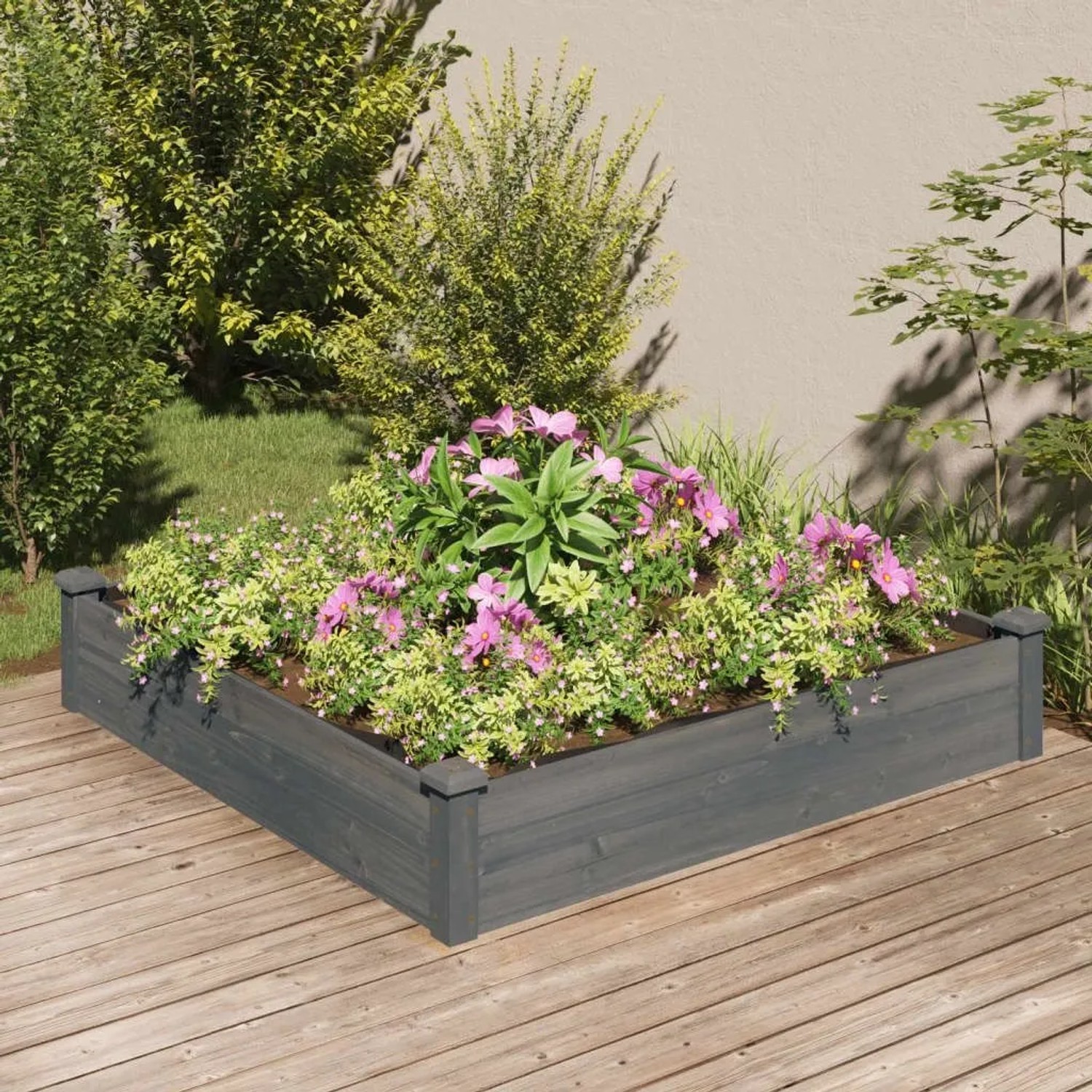Graues Hochbeet aus Massivholz auf Holzterrasse, bepflanzt mit bunten Blumen. Für Garten & Balkon.