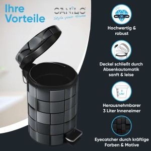 Schwarzer SANILO Kosmetikeimer Cube mit Fußpedal und offenem Deckel.