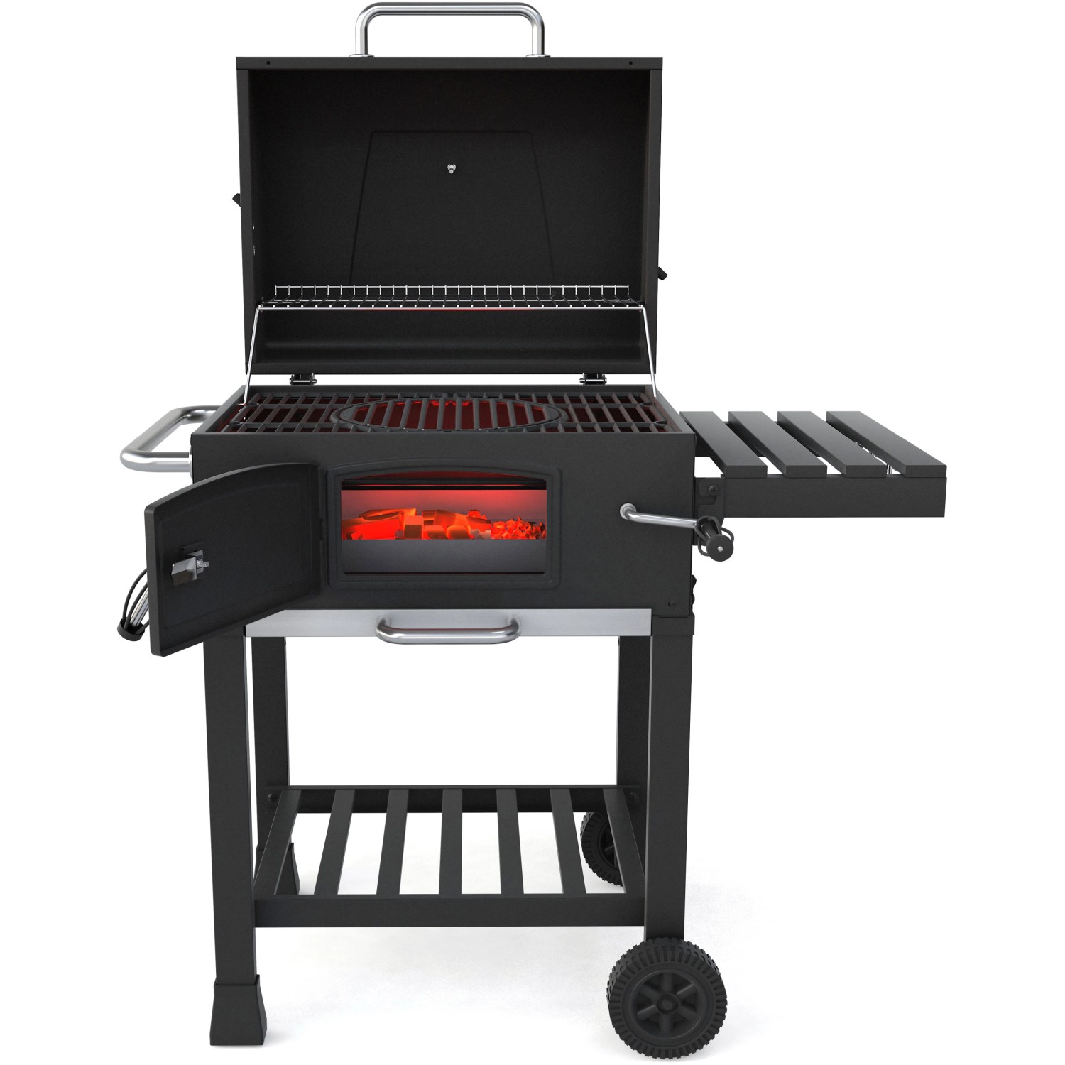 El Fuego Holzkohlegrill Calgary mit offenem Deckel und Glut im Feuerraum.