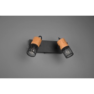 Schwarzer 2er Spot Tosh mit Holzdetails. Verstellbare Deckenspot für E14 Leuchtmittel. Ideal für Wohnräume.