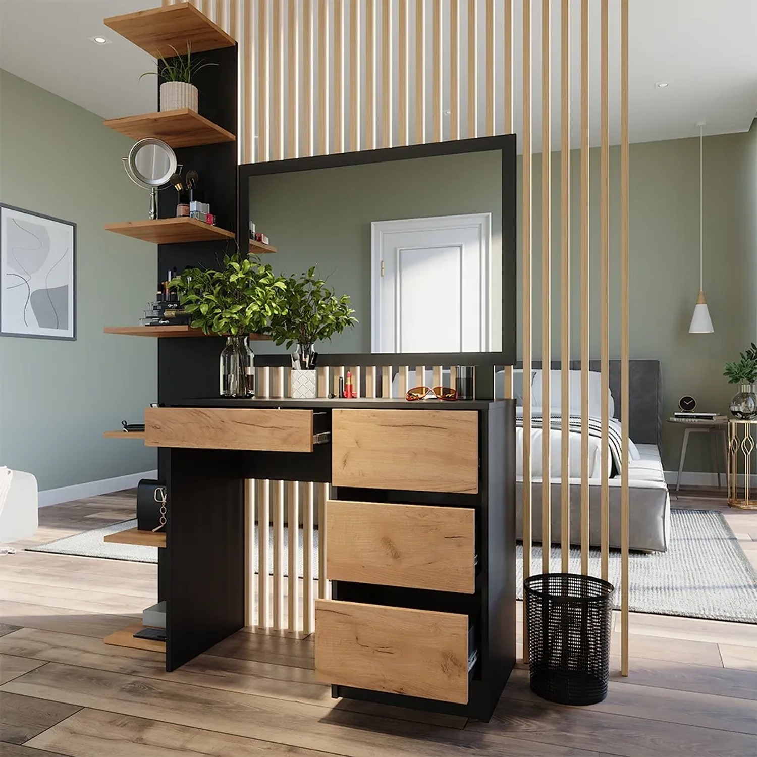 Vicco Schminktisch Sherry in Anthrazit/Goldkraft Eiche mit Spiegel und Schubladen, 90x75 cm.