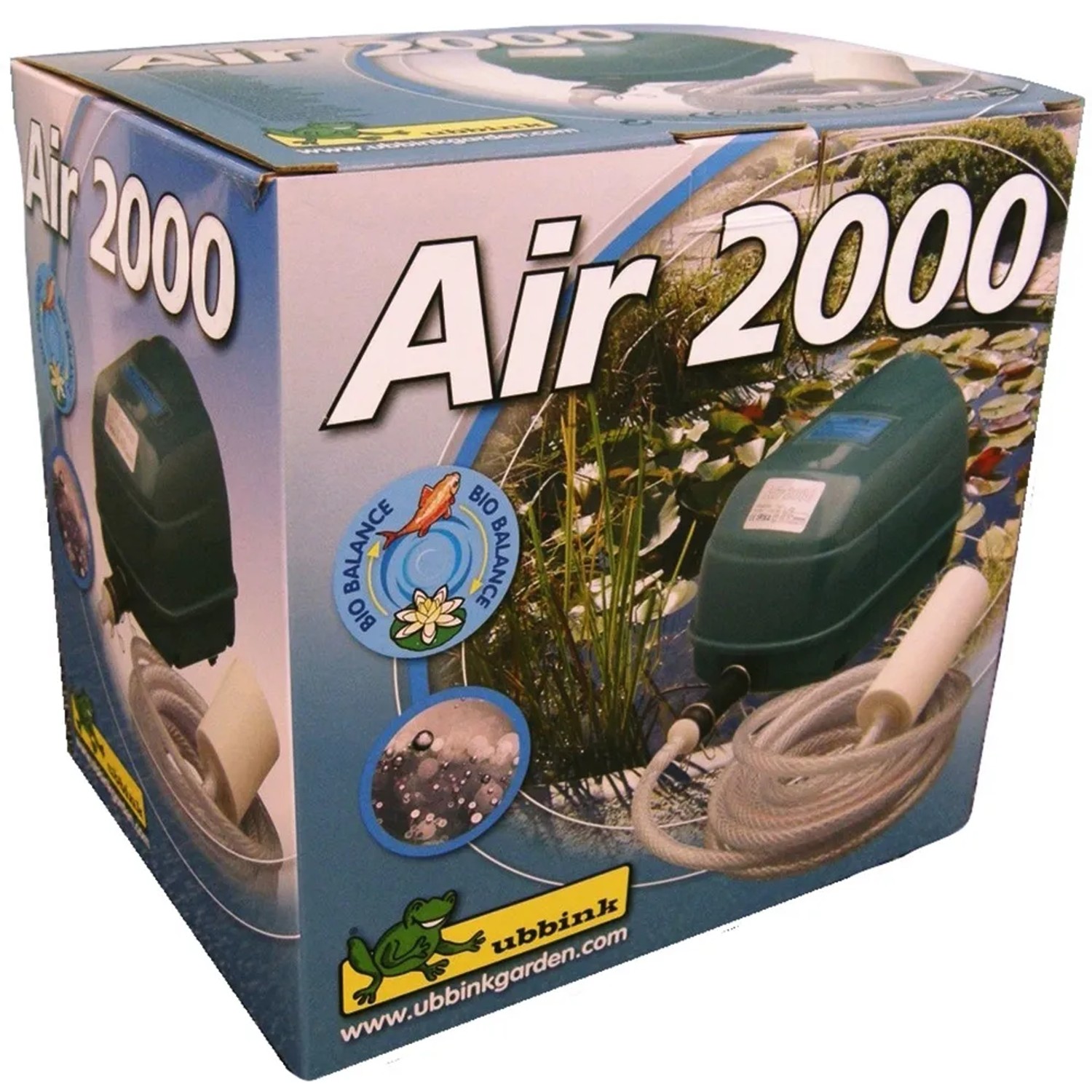 Verpackung der Ubbink Belüftungspumpe Air 2.000 indoor, Teichbelüftung für Gartenteiche.