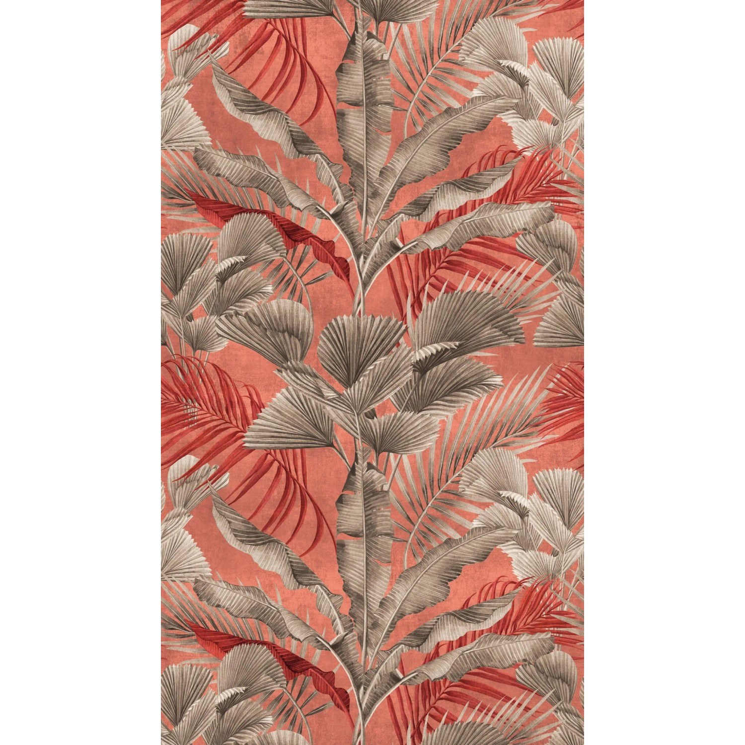 Fototapete Dschungelmotiv in Rosa, Lachsrot, Beige und Grau mit Palmen und floralen Elementen.