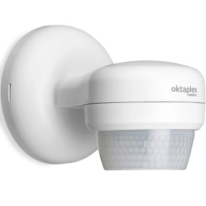 Weißer Oktaplex Mia Bewegungsmelder für Außenmontage, 360° Erfassung, 10m Reichweite.