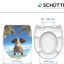 Schütte WC-Sitz Happy Elephant Duroplast mit Elefantenmotiv und Maßangaben.
