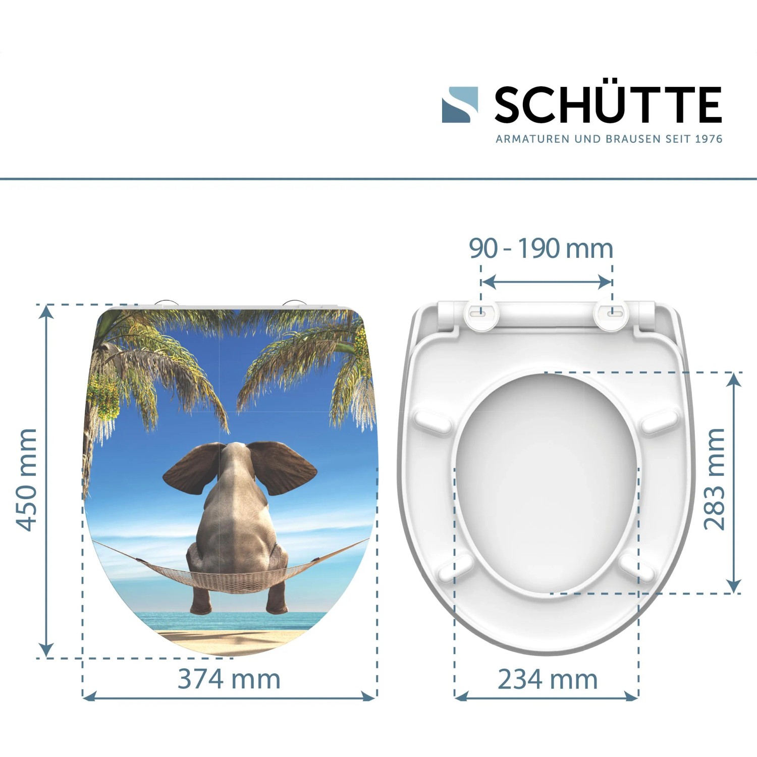 Schütte WC-Sitz Happy Elephant Duroplast mit Elefantenmotiv und Maßangaben.