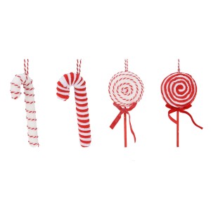 Weihnachtsbaumschmuck: Zuckerstangen und Lutscher in Rot-Weiß mit Schnur zum Aufhängen.