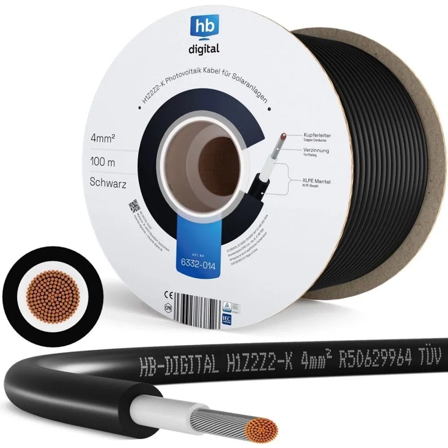 hb-digital Solarkabel 4 mm² H1Z2Z2-K TÜV Zertifiziertes PV Kabel für Solar Anlagen 100m Schwarz