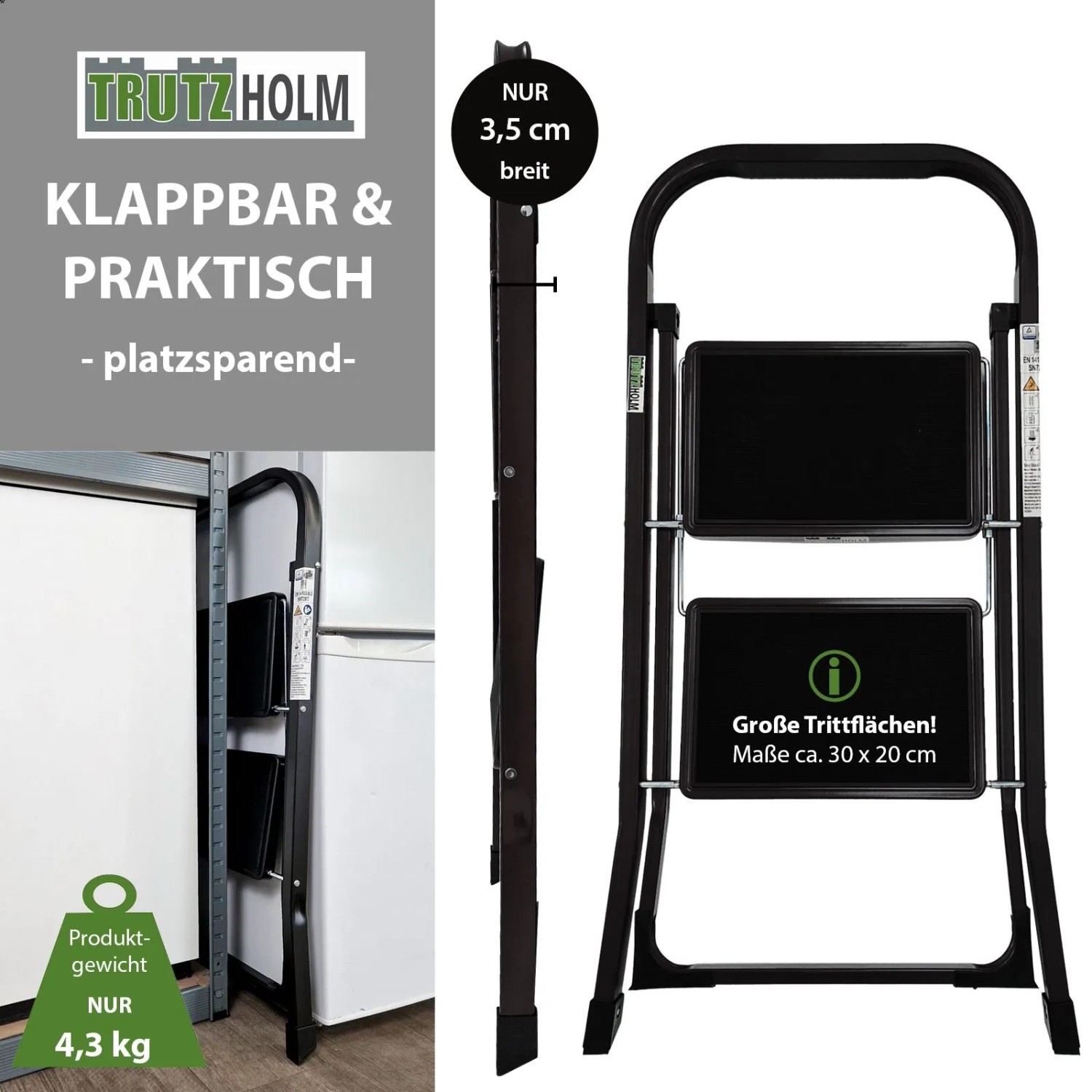 TRUTZHOLM Trittleiter mit 2 Stufen, klappbar, schwarz, mit Anti-Rutsch Trittflächen.