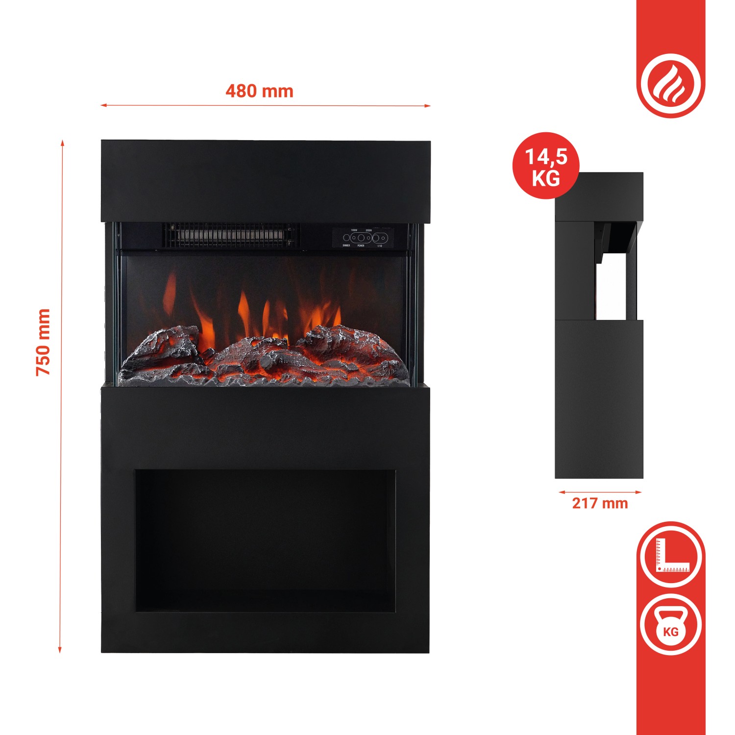 Schwarzer Kaminio Elektrokamin Henri mit 3D-Flammeneffekt und Holzfach, Front- und Seitenansicht.