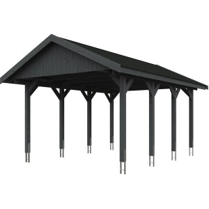 Satteldach-Carport Wallgau in Schiefergrau mit schwarzen Dachschindeln, Holzkonstruktion.