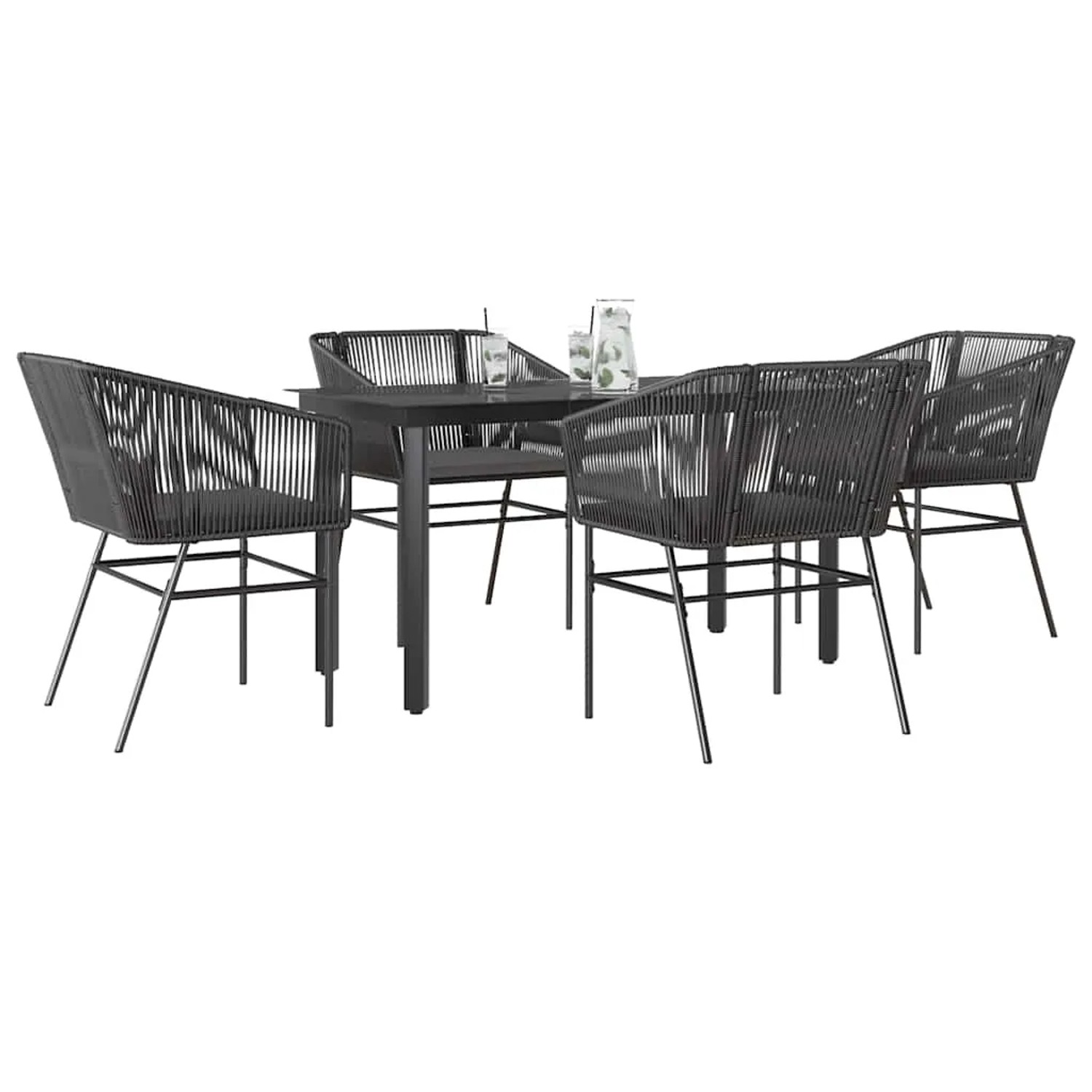 Schwarze 5-tlg. vidaXL Garten-Essgruppe aus Polyrattan mit Glasplatte und Kissen.