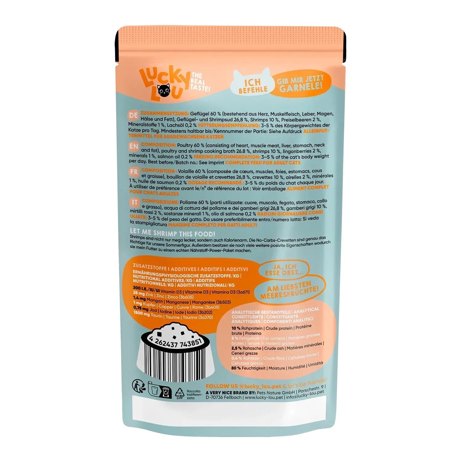 Lucky Lou Katzen-Nassfutter Adult Geflügel & Shrimps, 125g Packung.