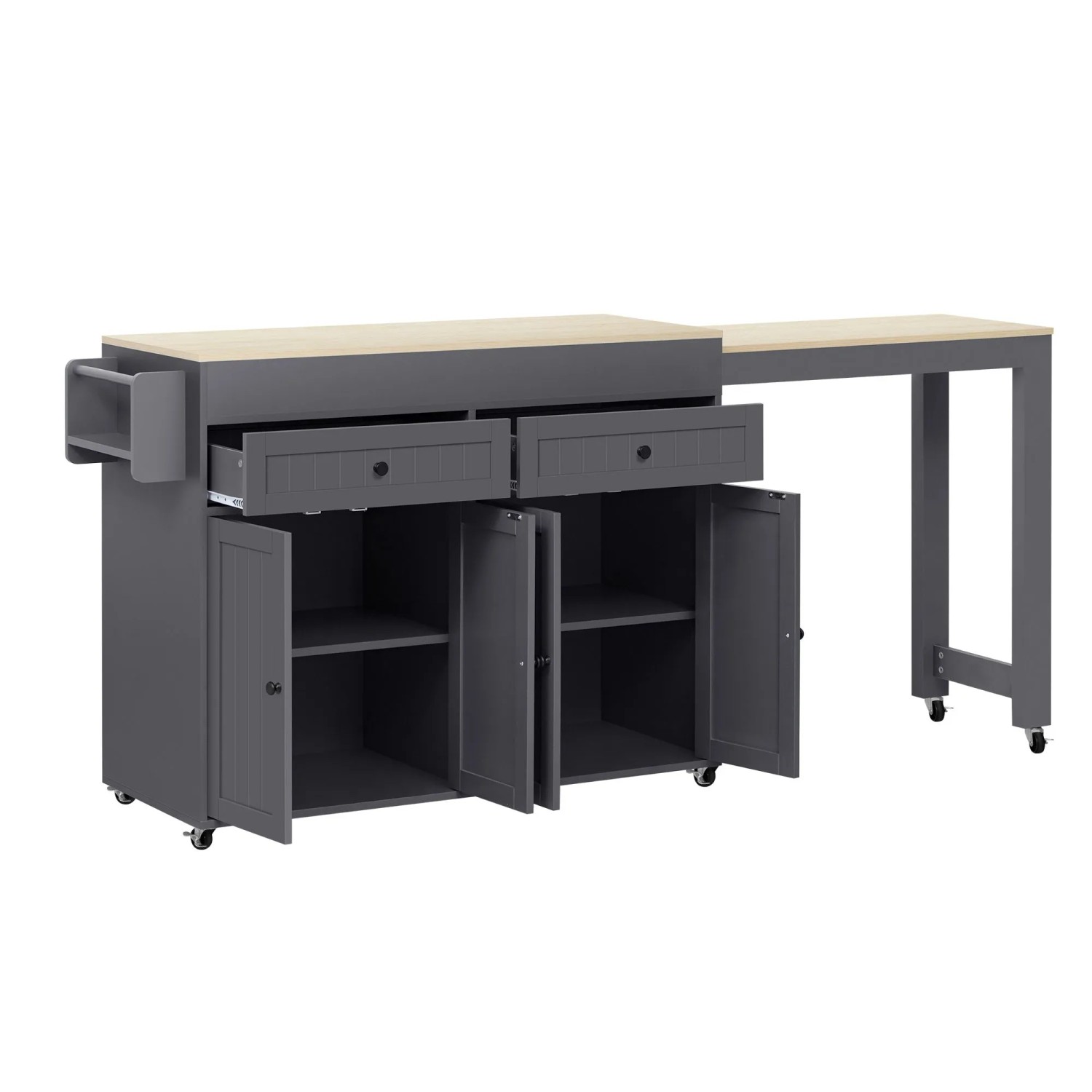 okwish Kücheninsel mit Ausziehfunktion Rollen Schubladen Küche 112-180.5x45x92.2cm Grau