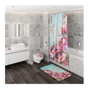 Badezimmer mit floralem Duschvorhang, WC-Sitz, Badematte und Waschtisch-Set im gleichen Design.