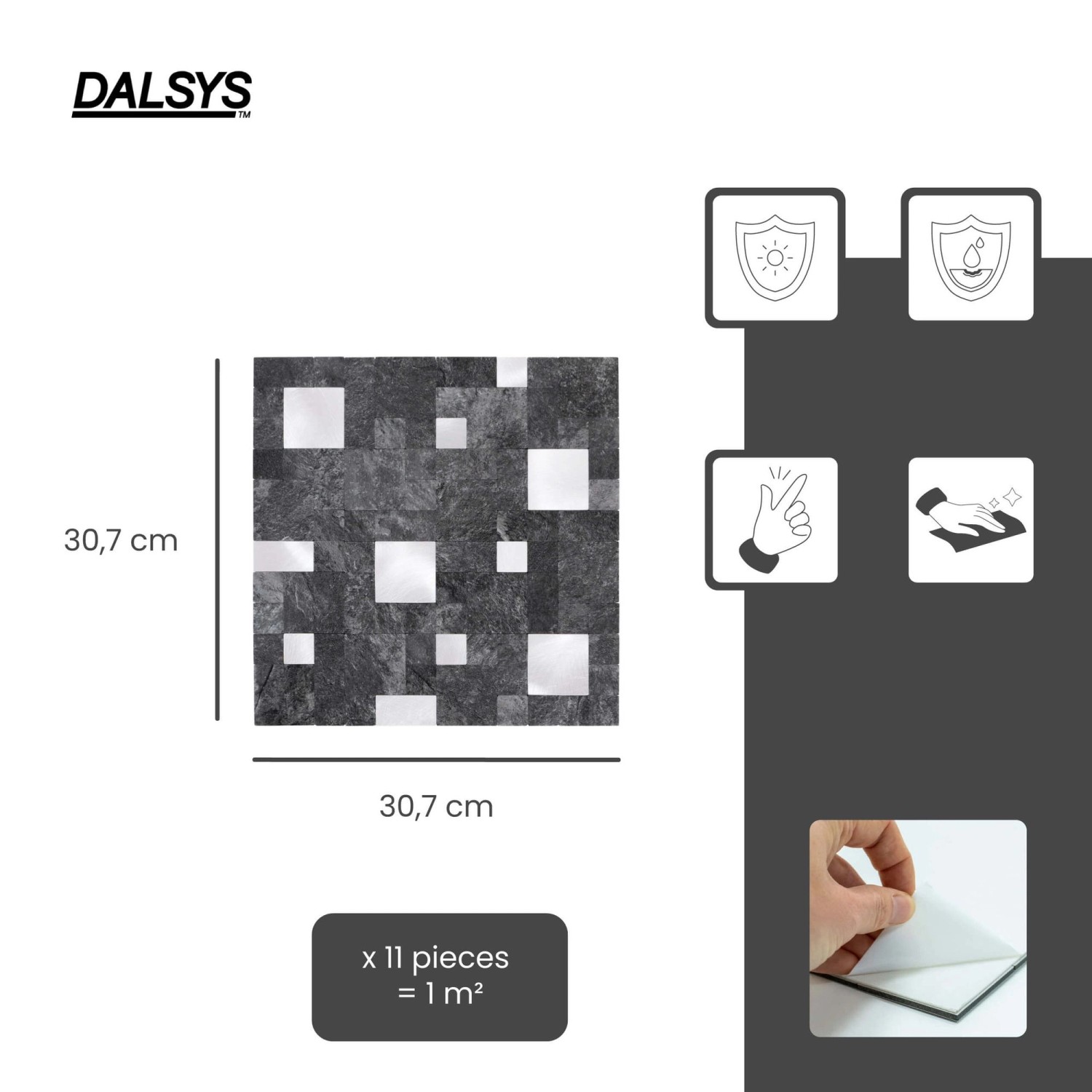 Dalsys Selbstklebende Fliesen 1m² 11 Stück Steinoptik Quadrate Anthrazit Silber_2