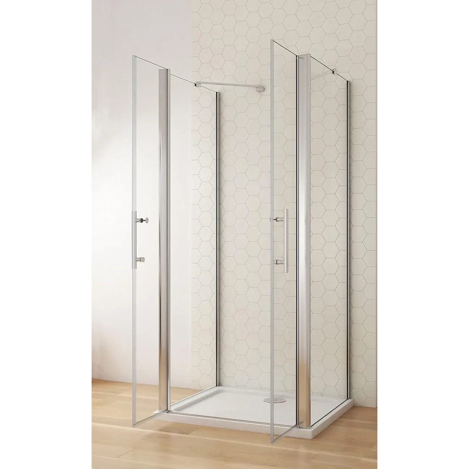 U-Duschkabine 90x75x90cm mit Doppeltür, 6mm NANO Glas und verchromtem Rahmen.