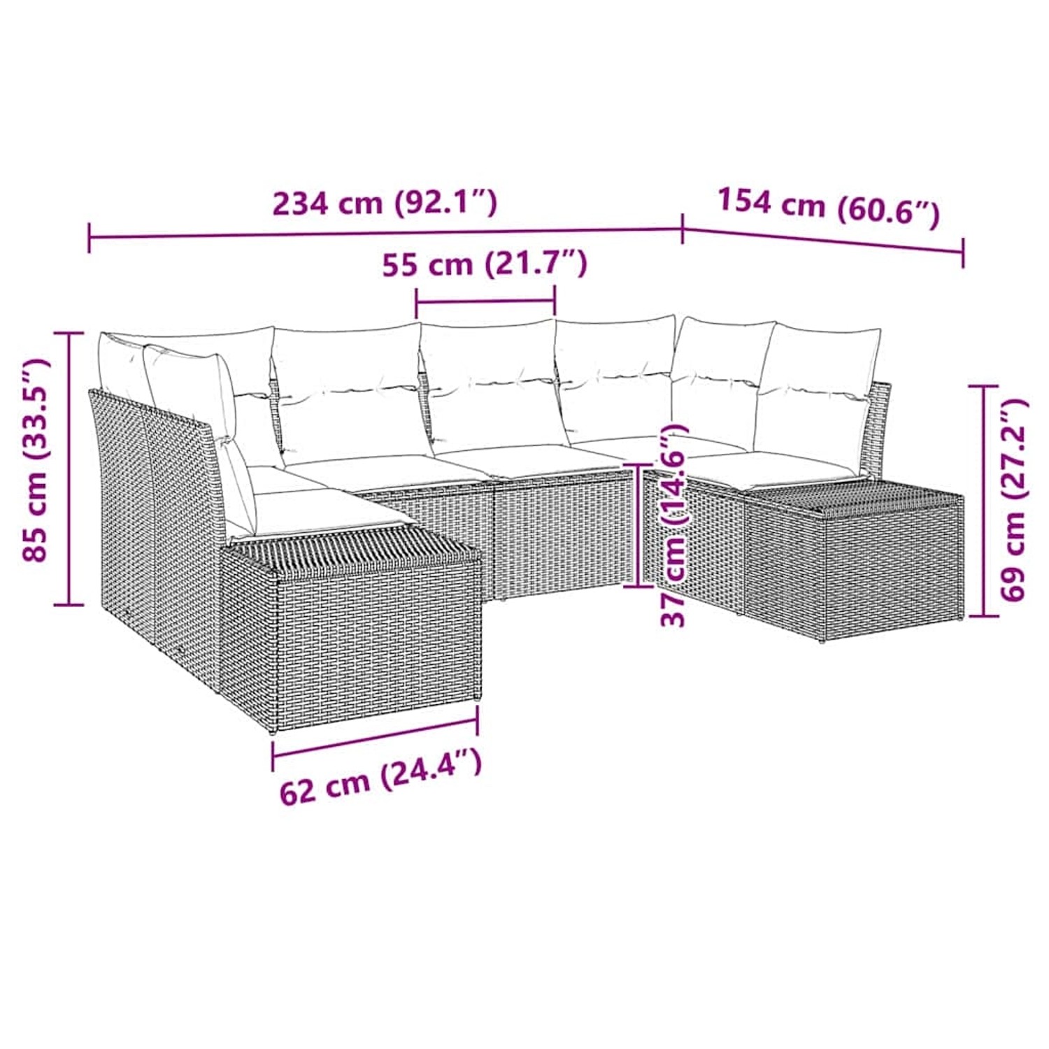 Beiges 6-tlg. vidaXL Garten-Sofa-Set aus Poly Rattan mit Kissen, Maße eingezeichnet.