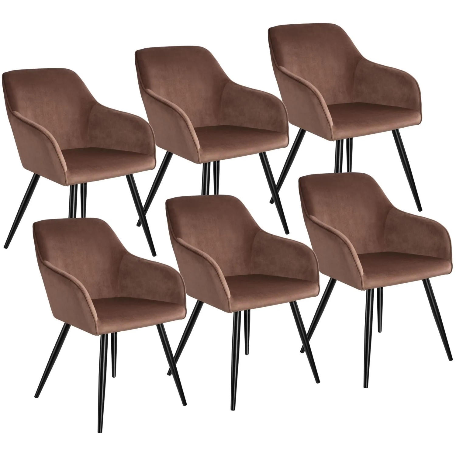 Tectake Esszimmerstuhl Marilyn Gepolstert  In Samtoptik Durchgehende Lehne 6Er Set 62 x 58 x 82 cm Braun Schwarz