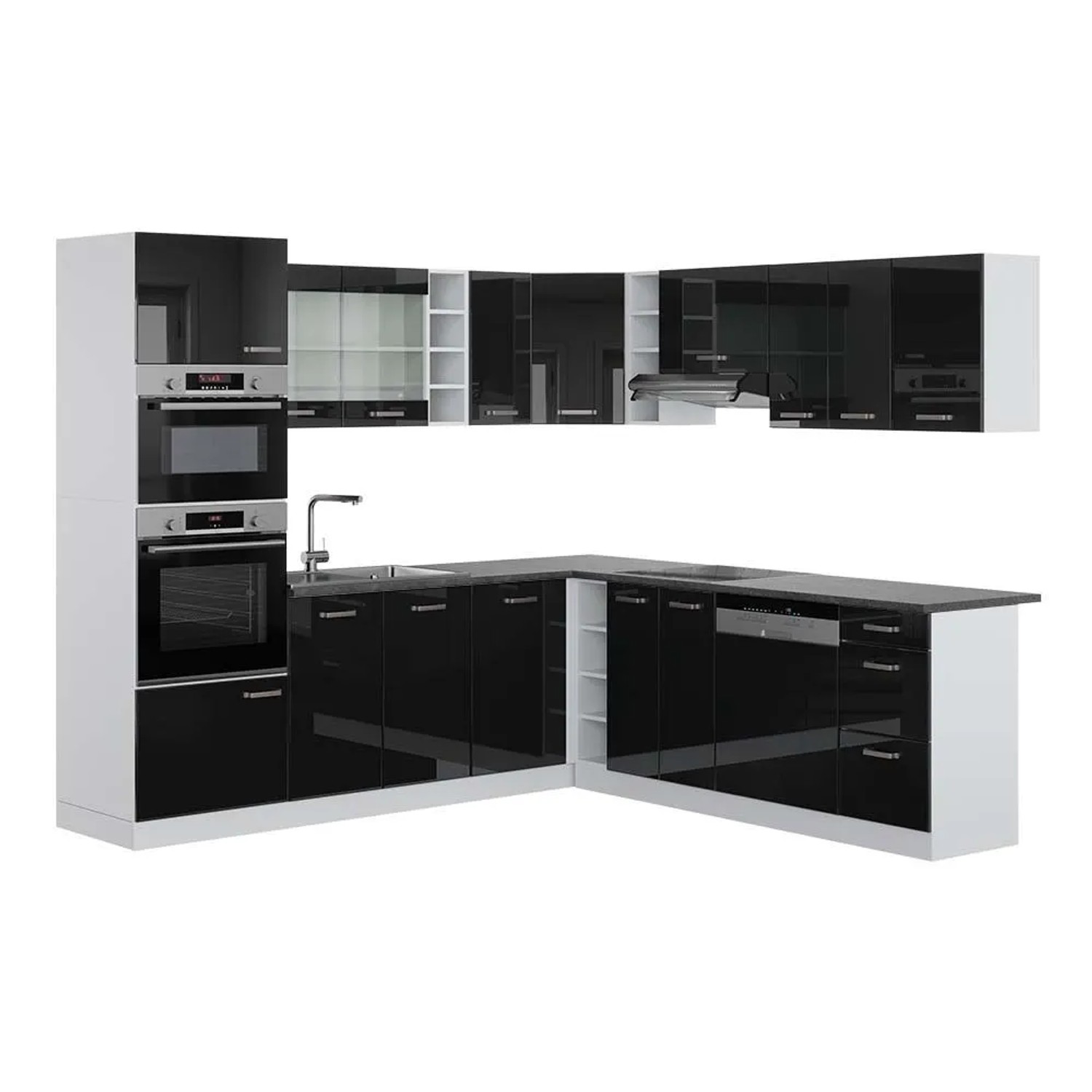Vicco Eckküche R-Line Schwarz Hochglanz/Weiß 247 x 82, AP Anthrazit