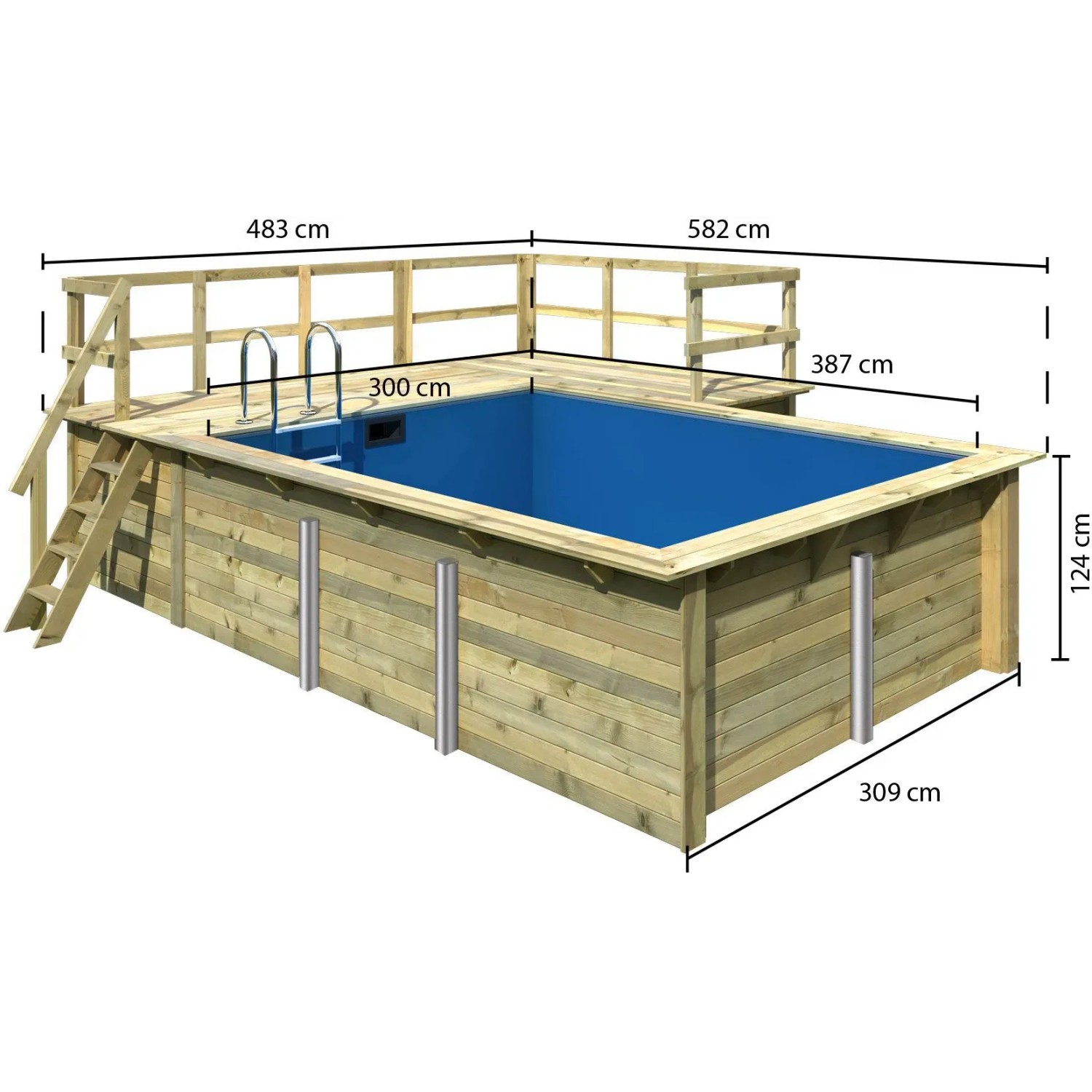 Karibu Holzpool mit Terrasse und blauer Innenhülle, inkl. Leiter und Umrandung.