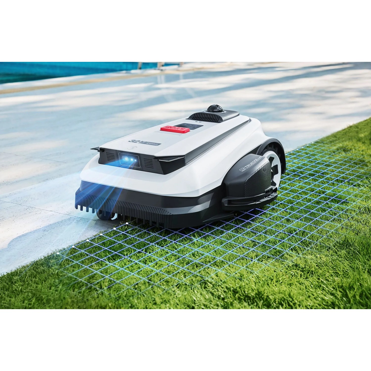 Ecovacs Goat A3000 Mähroboter in Weiß-Schwarz mit Lidar-Navigation auf Rasen.