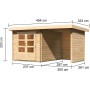 Karibu Holz-Gartenhaus Ängelholm, unbehandelt, mit Pultdach und Maßangaben.