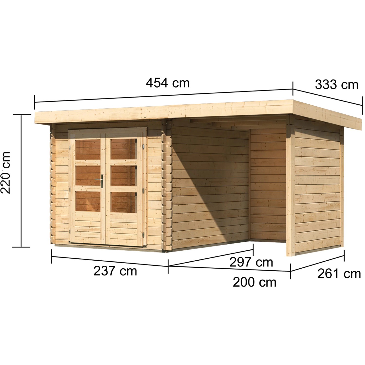 Karibu Holz-Gartenhaus Ängelholm, unbehandelt, mit Pultdach und Maßangaben.