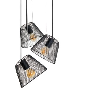 Näve Pendelleuchte Korie mit drei schwarzen Metall-Gitterschirmen und E27 Fassungen.
