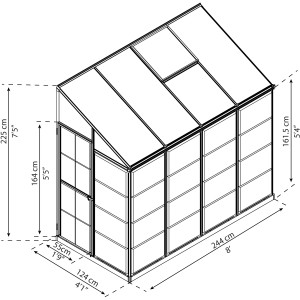 Skizze des Palram Canopia Minigewächshauses Lean To, 244x124 cm, silber, mit Maßangaben.