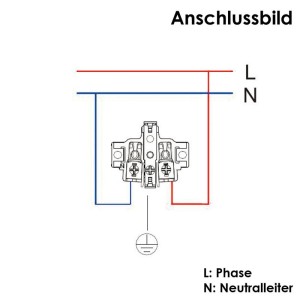 Anschlussbild ChiliTec Feuchtraum Schalter/Steckdose: Schema mit Phase, Neutralleiter und Erdung.