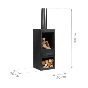 Schwarzer CookKing Gartenofen Rosa aus Stahl, 150 cm hoch, mit Holzfach und Rauchabzug.