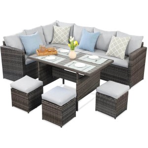 Graues MeXo XXL Gartenlounge Set aus Polyrattan mit Esstisch und Hockern für 8 Personen.