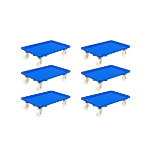 Set aus 6 blauen PROREGAL Transportrollern für Euroboxen 60x40 cm mit Kunststoffrädern.