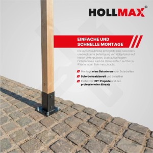 HOLLMAX Aufschraubhülse für Vierkantpfosten, dunkel verzinkt, auf Pflaster verschraubt. Einfache Montage von Holzpfosten.