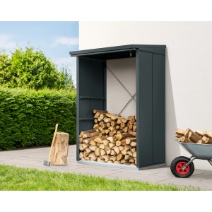 EcoStar Kaminholzregal Elegant-V, anthrazitgrau, aus Metall, mit Holz gefüllt.