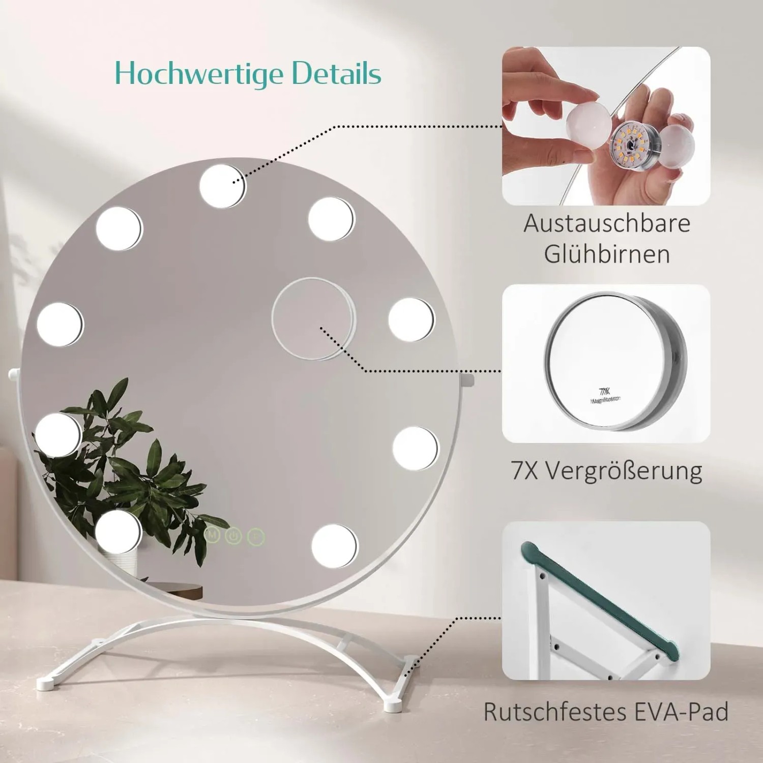 Emke Hollywood Kosmetikspiegel mit 7x Vergrößerung, 3 Farbtemperaturen und Beleuchtung.