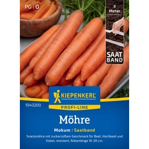 Kiepenkerl Möhre 'Mokum' Saatband: Orangefarbene Karotten und Saatband-Verpackung.