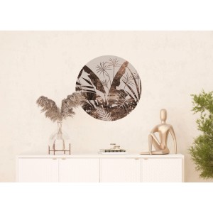 Selbstklebende, runde Tapete mit Blättern in Braun und Beige (Ø 70 cm). Wandtattoo für Wohnraum.