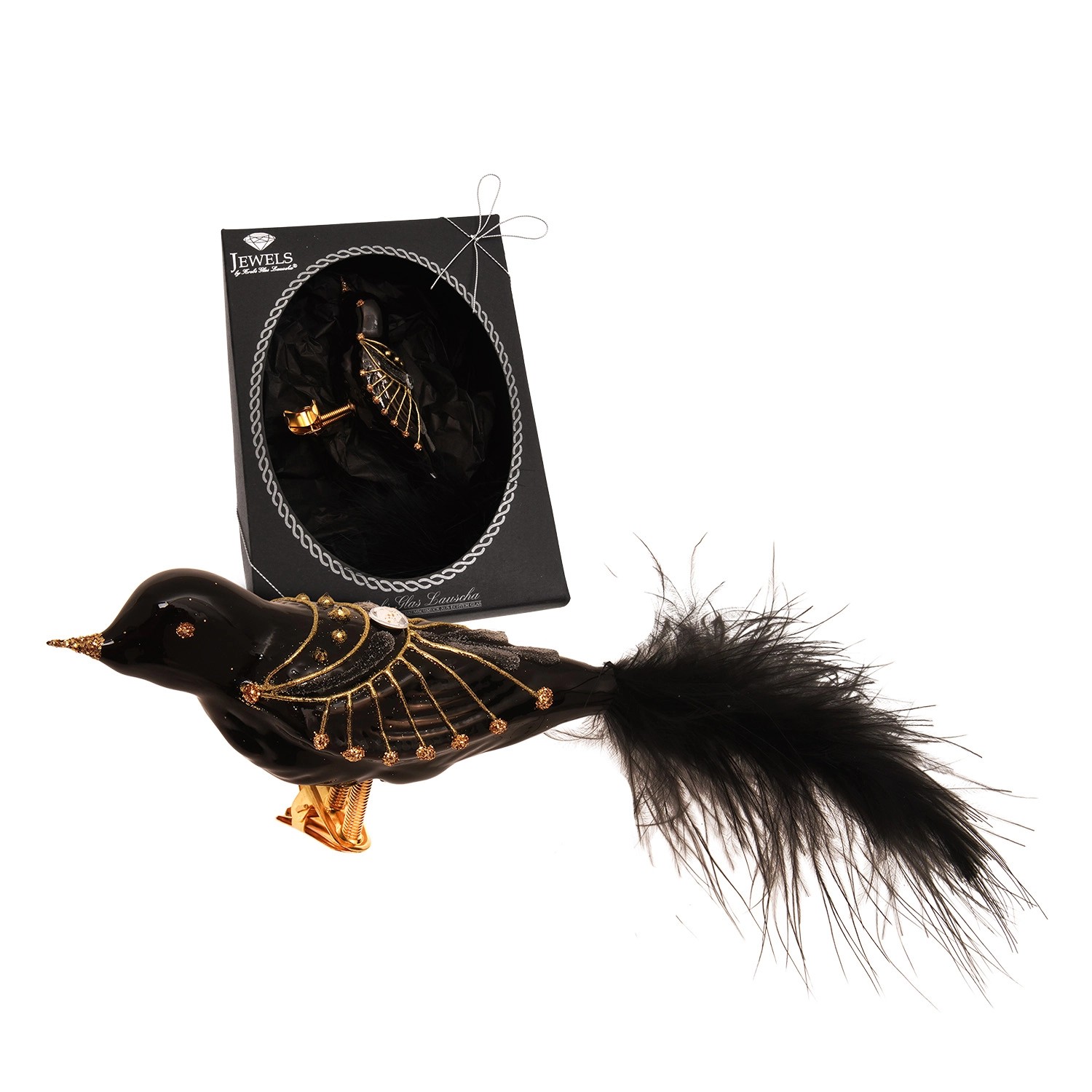 Krebs Glas Lauscha Baumschmuck Vogel mit Strasssteinen Schwarz 10cm